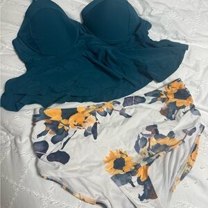 Teal Bikini Top with Floral High-Waisted Bottoms